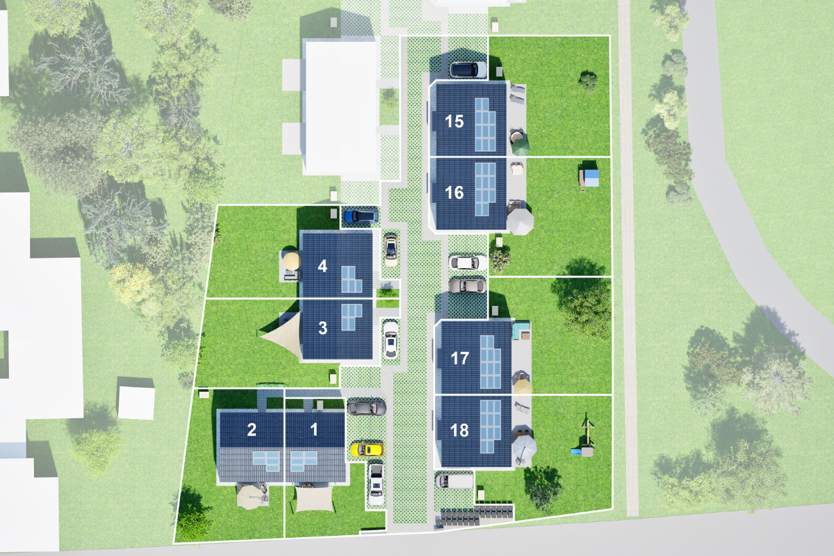 Lageplan Projekt Bad Vöslau mit Anordnung der einzelnen Häuser, Gärten und Straße