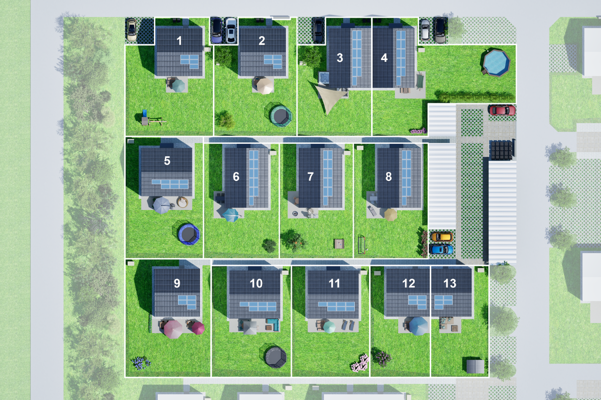 Lageplan Projekt Bruck an der Leitha mit Anordnung der einzelnen Häuser, Gärten und Straße